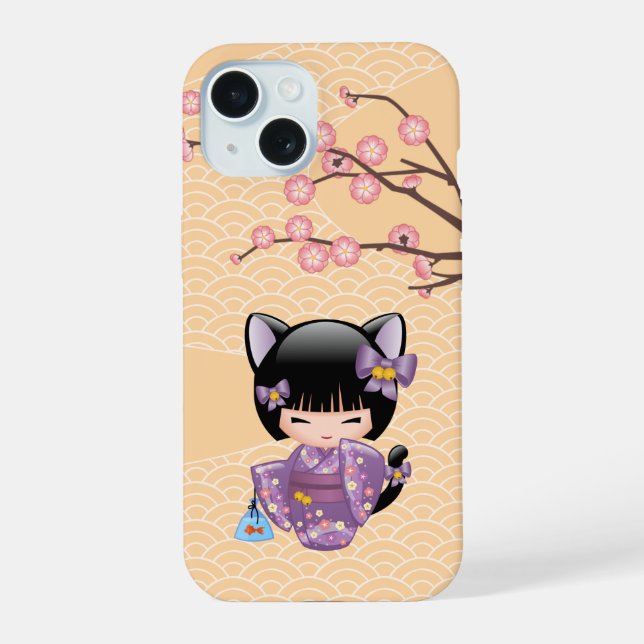 Neko Kokeshi Doll - Cat Ears Geisha Girl iPhone 15 Case (Back)