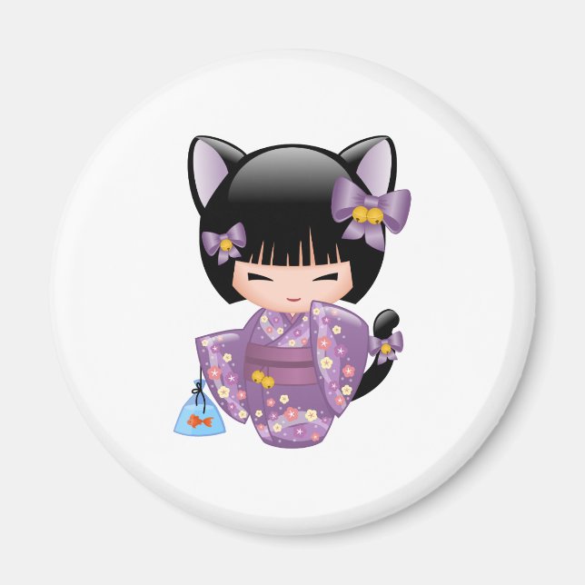 Neko Kokeshi Doll - Cat Ears Geisha Girl Magnet (Front)
