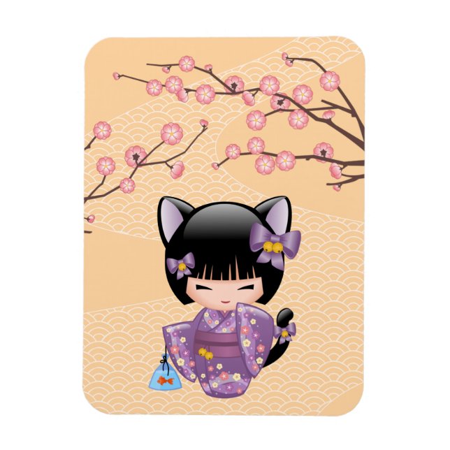 Neko Kokeshi Doll - Cat Ears Geisha Girl Magnet (Vertical)