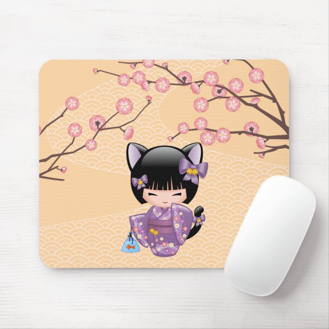 Neko Kokeshi Doll - Cat Ears Geisha Girl Mouse Mat (With Mouse)