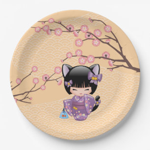 Neko Kokeshi Doll - Cat Ears Geisha Girl Paper Plate