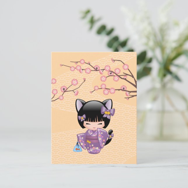 Neko Kokeshi Doll - Cat Ears Geisha Girl Postcard (Standing Front)