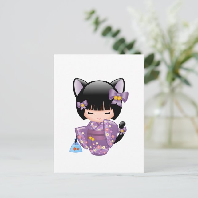 Neko Kokeshi Doll - Cat Ears Geisha Girl Postcard (Standing Front)