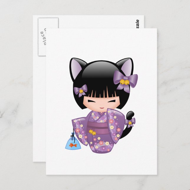 Neko Kokeshi Doll - Cat Ears Geisha Girl Postcard (Front/Back)