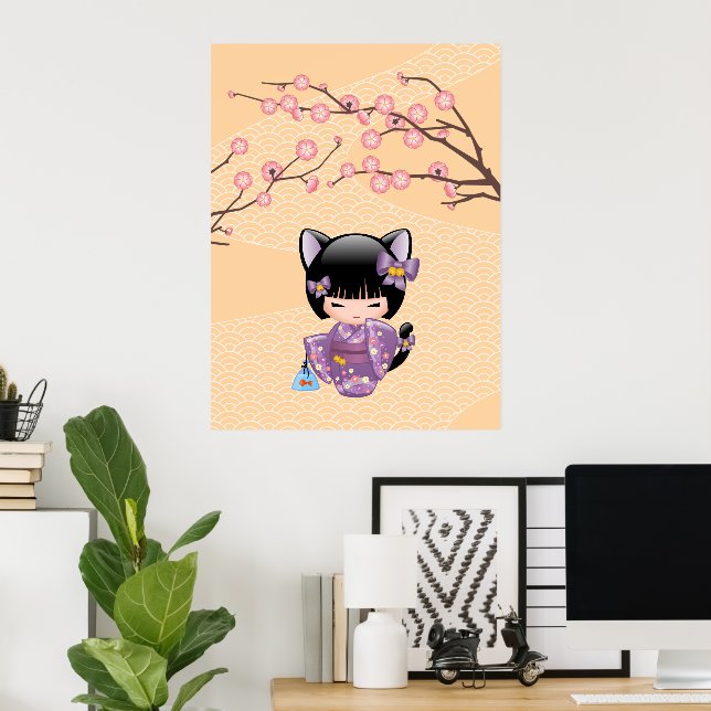 Neko Kokeshi Doll - Cat Ears Geisha Girl Poster (Home Office)