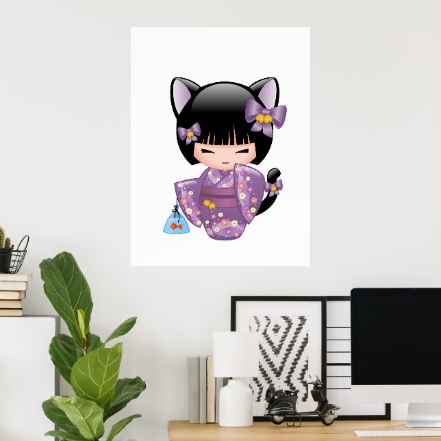 Neko Kokeshi Doll - Cat Ears Geisha Girl Poster (Home Office)
