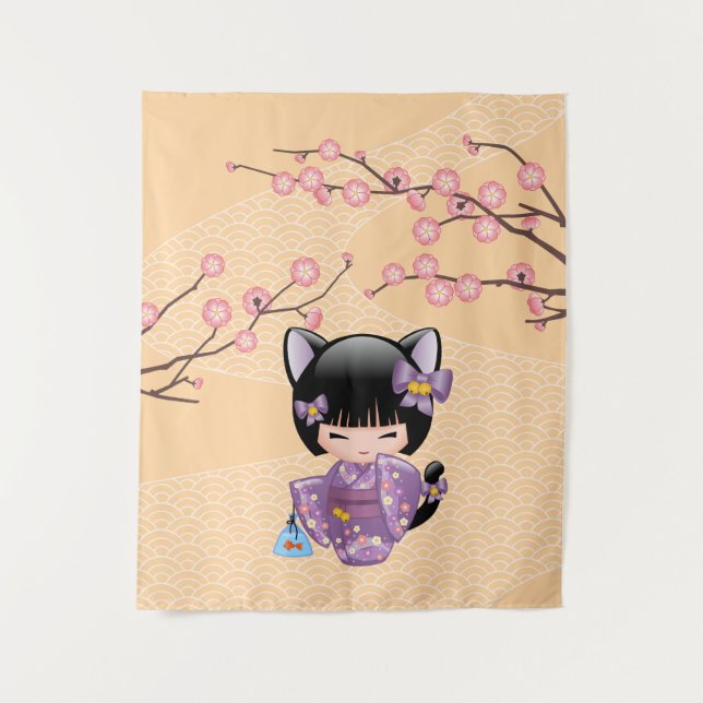 Neko Kokeshi Doll - Cat Ears Geisha Girl Tapestry (Front)