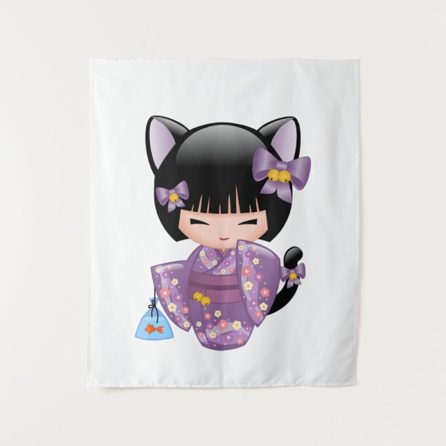 Neko Kokeshi Doll - Cat Ears Geisha Girl Tapestry (Front)