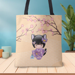 Neko Kokeshi Doll - Cat Ears Geisha Girl Tote Bag