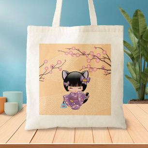 Neko Kokeshi Doll - Cat Ears Geisha Girl Tote Bag