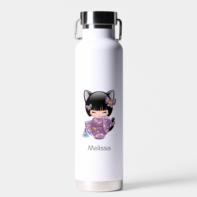 Neko Kokeshi Doll - Cat Ears Geisha Girl Water Bottle (Front)