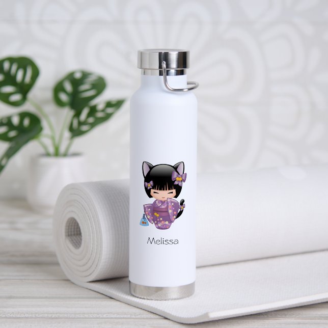 Neko Kokeshi Doll - Cat Ears Geisha Girl Water Bottle (Yoga (Rotated))