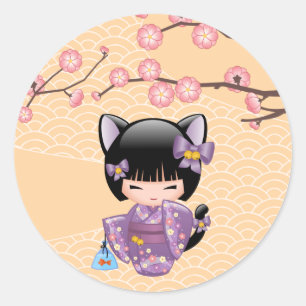 Neko Kokeshi Doll Cat Ears Geisha Girl Yellow Classic Round Sticker