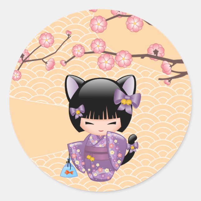 Neko Kokeshi Doll Cat Ears Geisha Girl Yellow Classic Round Sticker (Front)