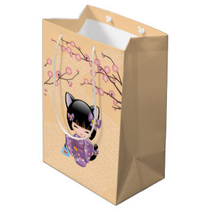 Neko Kokeshi Doll - Cat Ears Geisha Girl Yellow Medium Gift Bag