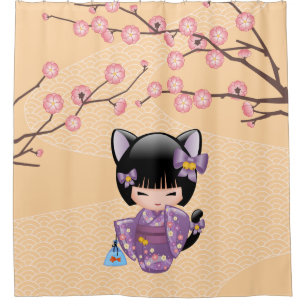 Neko Kokeshi Doll Cat Ears Geisha Girl Yellow Shower Curtain