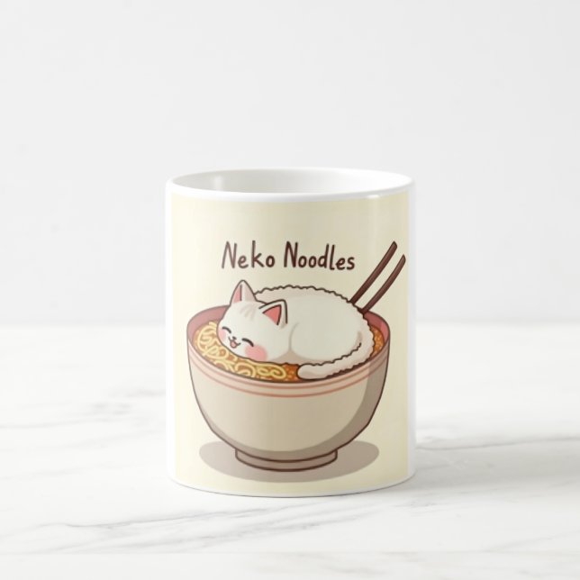 Neko Noodles – Kawaii Cat in Ramen Bowl Illustrati Coffee Mug (Center)