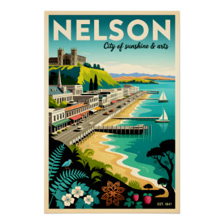 Nelson New Zealand Retro Travel Poster Art