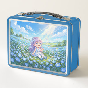 Nemophila flowers, soap bubbles, and a girl metal lunch box