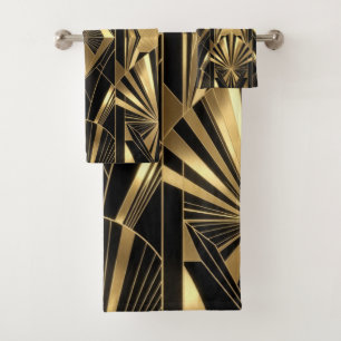 Neo Art Deco Black Gold Geometric Gatsby Bath Towel Set