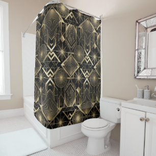 Neo Art Deco Black Gold Geometric Vintage Gatsby Shower Curtain