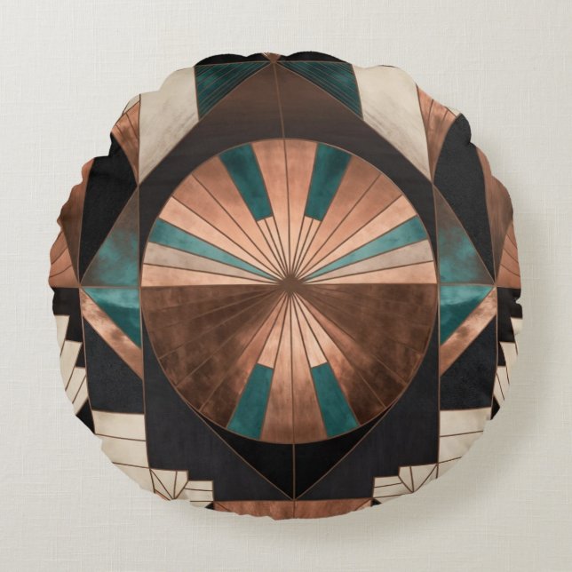 Neo Art Deco Geometric Teal Copper Gold Sunburst Round Cushion (Front)