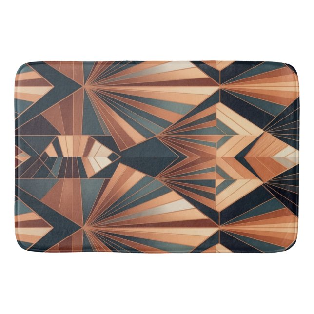 Neo Art Deco Teal Copper Geometric Sunburst Bath Mat (Front)