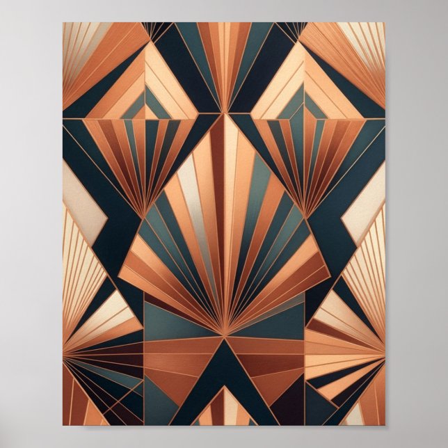 Neo Art Deco Teal Copper Geometric Sunburst Poster (Front)