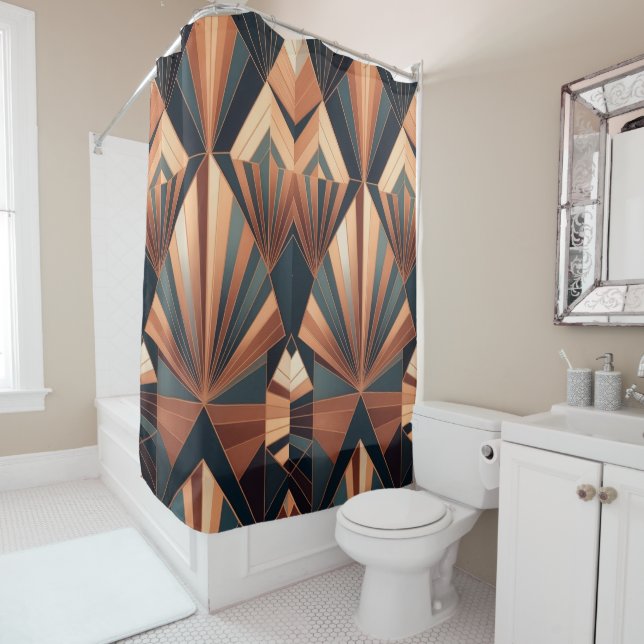 Neo Art Deco Teal Copper Geometric Sunburst Shower Curtain (In Situ)