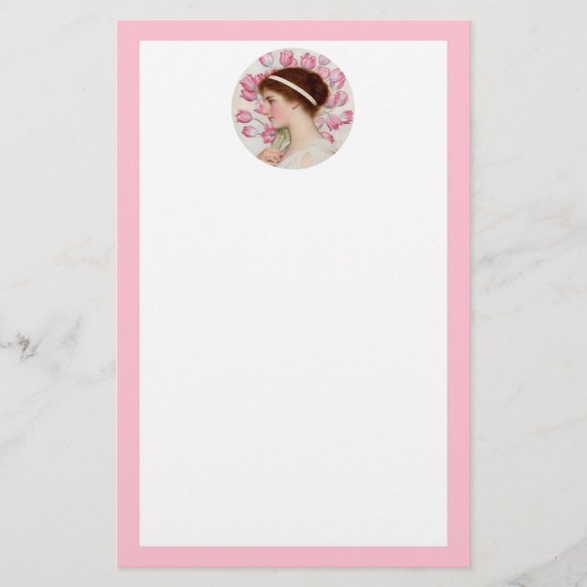 Neo-Classical Lady with Pink Tulips Stationery (Front)