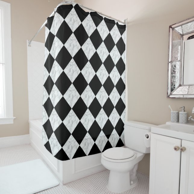 Neo Deco Black and Faux White Marble Checkerboard Shower Curtain (In Situ)