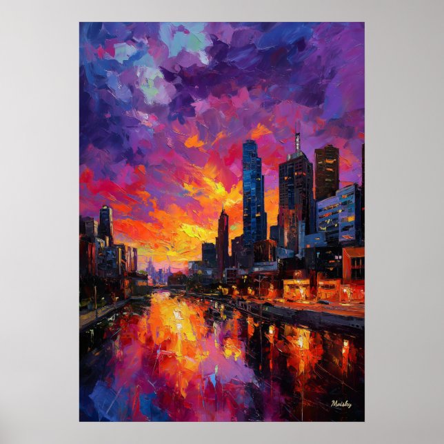 Neo Expressionist Melbourne Skyline Vibrant Sunset Poster (Front)