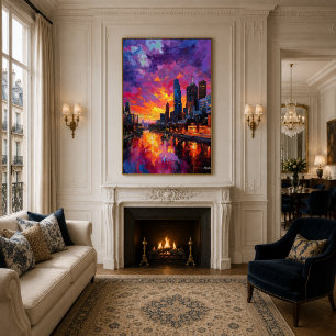 Neo Expressionist Melbourne Skyline Vibrant Sunset Poster