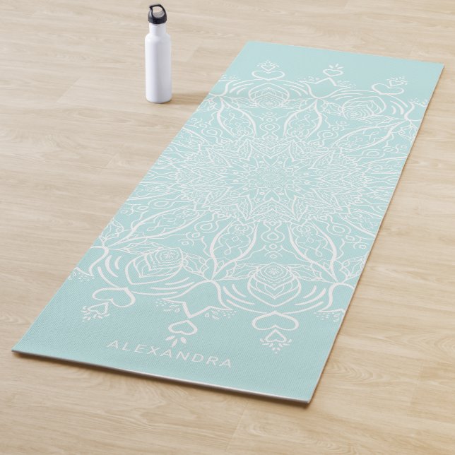Neo Mint and White Personalised Boho Mandala Yoga Mat (In Situ)