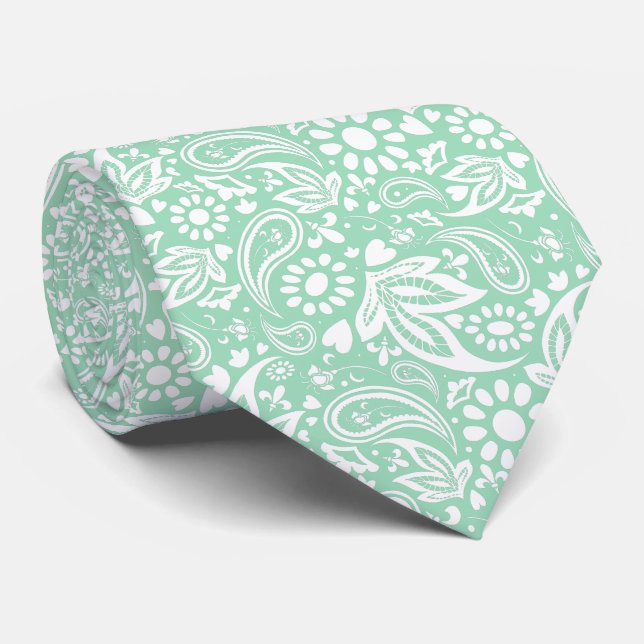 Neo Mint and White Romantic Paisley Pattern Tie (Rolled)