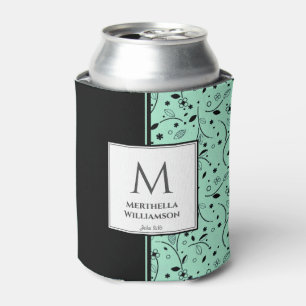 NEO MINT BLACK Floral Custom Monogram Keepsake Can Cooler