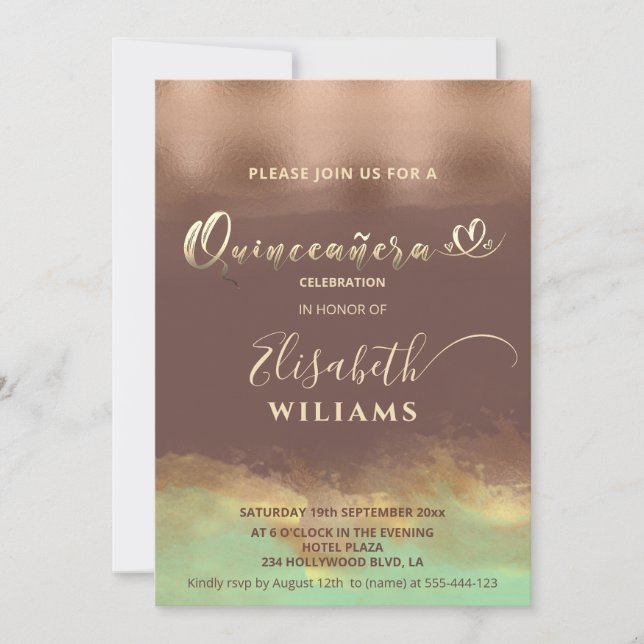 Neo mint cinnamon rose gold foil watercolor Quince Invitation (Front)