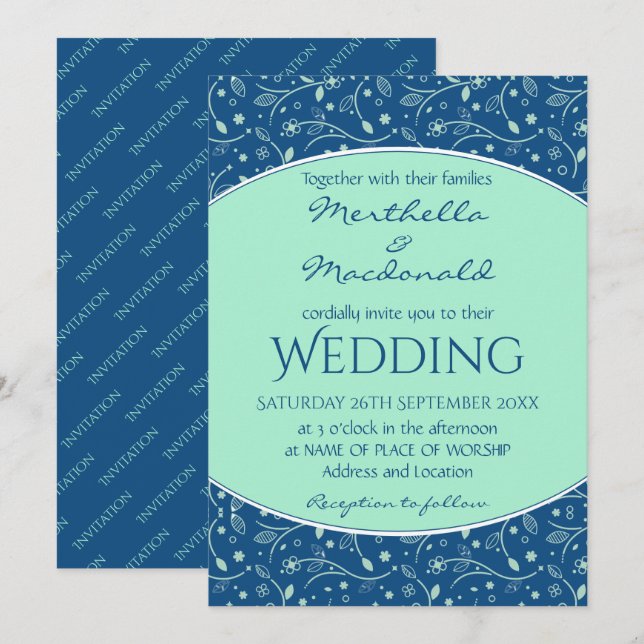 NEO MINT CLASSIC BLUE Elegant Modern Floral Invitation (Front/Back)
