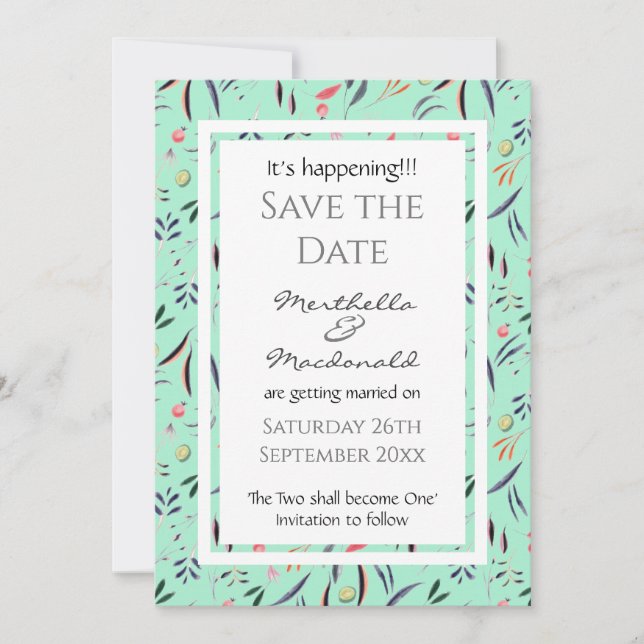 NEO MINT Floral Personalised IT'S HAPPENING! Save The Date (Front)