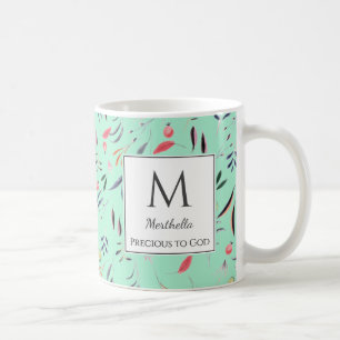 Neo Mint Floral PRECIOUS TO GOD Custom MONOGRAM Coffee Mug