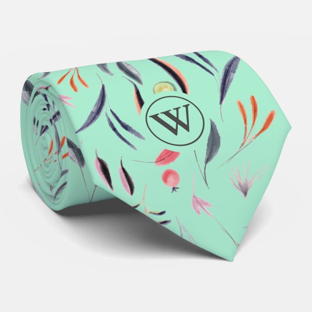 Neo Mint Floral Watercolor Monogram Scripture Tie (Rolled)