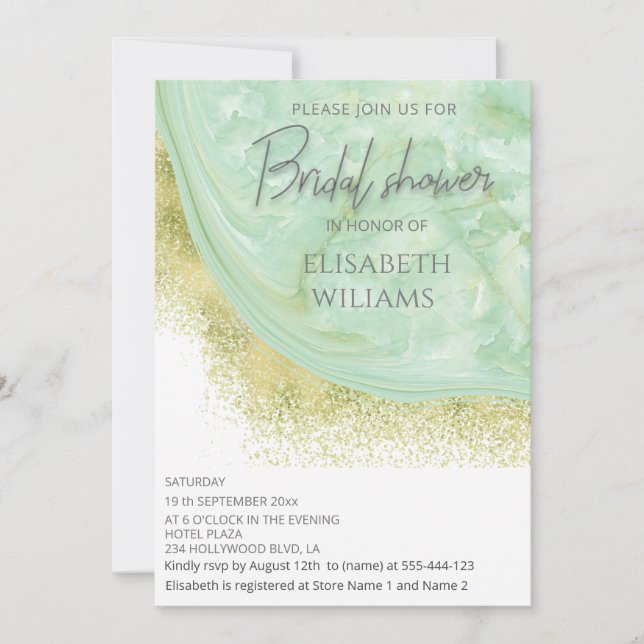 Neo mint gold marble agate calligraphy invitation (Front)