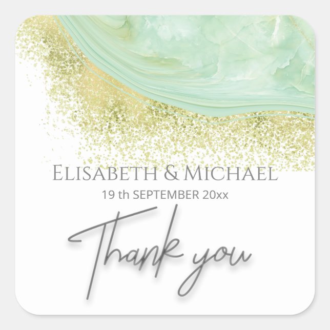 Neo mint gold marble agate calligraphy thank you square sticker (Front)