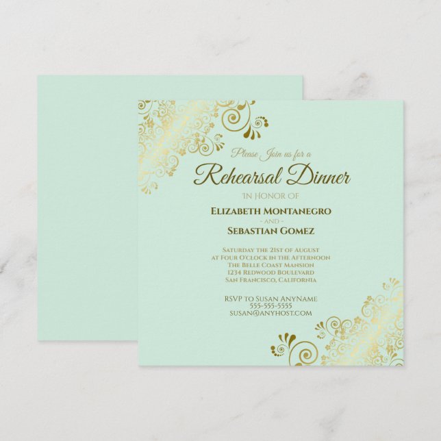 Neo Mint & Gold Wedding Rehearsal Dinner Square Invitation (Front/Back)