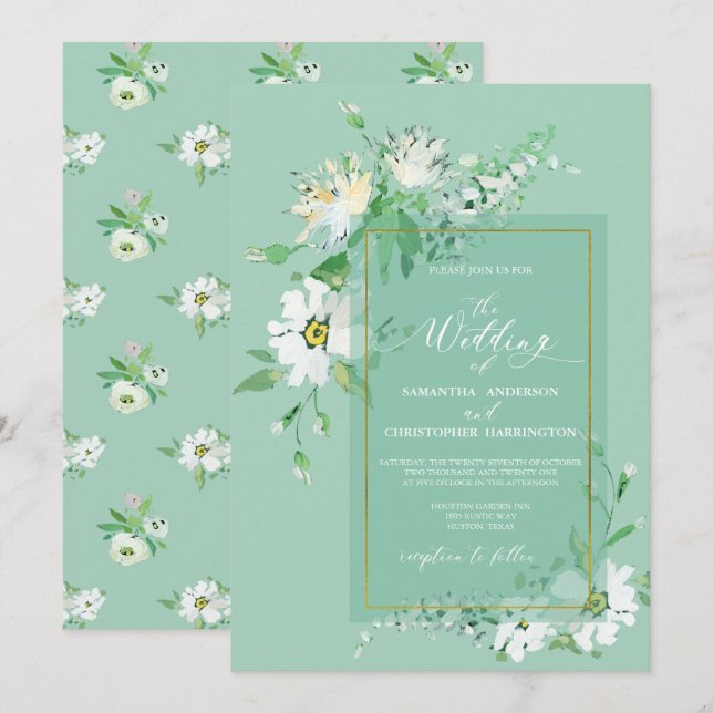 Neo Mint Green Gold Rustic Painted Floral Wedding Invitation (Front/Back)