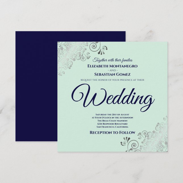 Neo Mint Green & Navy Blue Elegant Square Wedding Invitation (Front/Back)