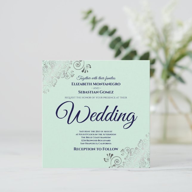 Neo Mint Green & Navy Blue Elegant Square Wedding Invitation (Standing Front)