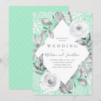 Neo Mint Grey Floral Lace Wedding Invitation