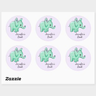 Neo Mint Lavender Elephant Child's Name Bookplate Classic Round Sticker