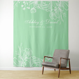 Neo Mint Modern White Floral Photo Booth Backdrop Tapestry